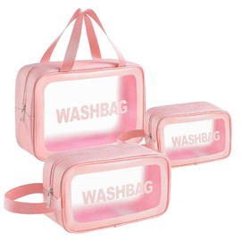 Woobroo Clear Travel Toiletries Bag for Women, 3 Pack Toiletry Bags with Zippers Travel Essentials PVC Waterproof Cosmetic Clear Wash Bag for Girls