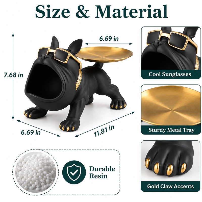 Bulldog Decorative Storage Tray Statue – 11.8-Inch Resin Dog Figurine