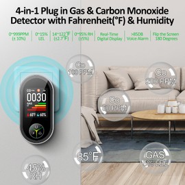 4-in-1 Carbon Monoxide Detectors & Natural Gas Leak Detector Plug in, Combination CO Detector & Combustible Gas, LPG, Methane, Propane Alarm with Fahrenheit(°F) & Humidity(1 Pack)