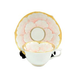 Arita Ware Bunzan Kiln Gold Pink Peony Wreath Shallow Type Coffee Cup & Saucer