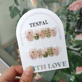 TENPAL French Tip Press on Nails Short Almond Cute Acrylic Pink Nails Press Ons Classic Checkered Grid Designs Fake Nails Reusable Full Cover Artificial Nails 10pcs Stick on Nails for Women Girls(L)