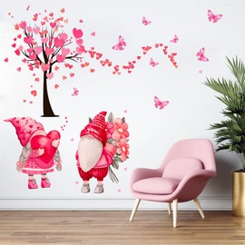 2Pcs Valentine's Day Wall Decoration 3D Heart Wall Decals Removable Gnome Wall Stickers Pink Butterfly Love Hearts Tree Wall Decor Valentines Stickers for Wedding Anniversary Party Bedroom Home Decor