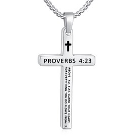 Fiusem Silver Tone Cross Necklace for Men, Bible Verse PROVERBS 4:23 Cross Pendant with 2.5mm Box Chain 20 Inch