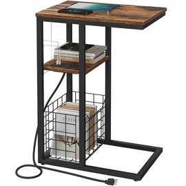 Vagusicc C Shaped End Table with Charging Station, Side Table for Couch, Small Side End Table for Small Spaces, 28" High Slide Under Sofa Table for Coffee, Tv Tray Table for Living Room, Rustic Brown