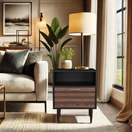 GIA Home Furniture Series Wood Nightstand/End Table with Drawer and Open Shelf for Living Rooms Bedrooms,Set of 1,Marble Vein Walnut