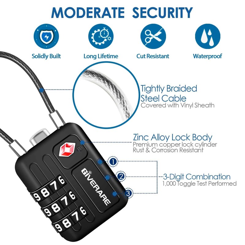 2 Pack TSA Approved Travel Luggage Locks, Metal Cable Combination