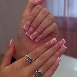 Pink French Tip False Nails - 24Pcs Coffin Press-On Nails - Nude Pink Medium Length Full Cover Fake Glossy Elegant Acrylic Look Premium ABS Material Reusable Stick-On for Women Daily Wear