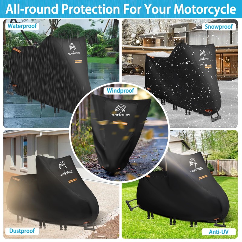Large Motorcycle Cover Waterproof Outdoor,600D Heavy Duty Oxford Fabric,4 Reflective