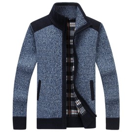 XinYangNi Men's Casual Slim Full Zip Thick Knitted Cardigan Sweaters with Pockets (XX-Large,Blue Grey002)