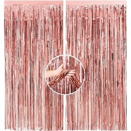 2pcs 3.28ft x 6.56ft Metallic Tinsel Curtains Curtain Door Curtains Hanging Streamers Glitter Aluminum Foil Birthday Party Backdrop Streamers Decorations (Rose Gold)