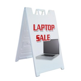 A-Frame Sidewalk Laptop Sale 24" x 36" Double Sided A-Frame Sidewalk Sign, Includes 2 Installed Vinyl Decals | Foldable Portable White Signicade Sandwich Board Signs
