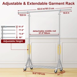 100% Stainless Steel Heavy Duty Clothes Rack Load 860LBS, Rolling Double Rods Clothing Racks for Hanging Clothes, Adjustbale Garment Rack With Sturdy Wheels Shelf, Portable Closet Rack Free Standing