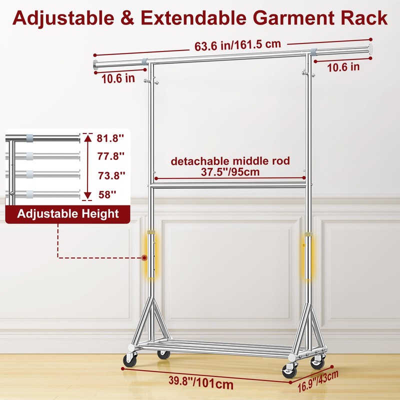 100% Stainless Steel Heavy Duty Clothes Rack Load 860LBS, Rolling