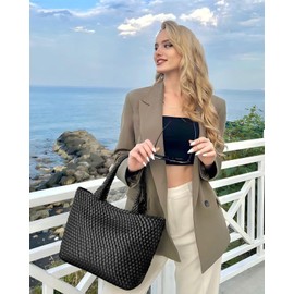 AUACDIY Woven Tote Bag for Women Fashion Woven Bags for Women Shoulder Bag Vegan Leather Handbags Large Work Travel Beach Tote Bags With Purse Black