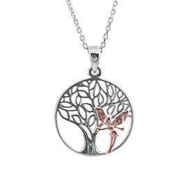 Kiara Jewellery 925 Sterling Silver Rhodium Plated Tree Of Life Pendant Necklace With 18 Karat Gold Plated Fairy Detail On 18" Italian Diamond Cut Trace Or Curb Chain.