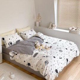 Space Duvet Cover Set Single White Universe Planet Rocket and Astronaut Quilt Cover Starry Sky Printed Luxury Soft Bedding Set (1 Duvet Cover and 1 Pillowcases)