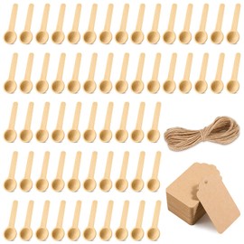 MORGLES 60pcs Small Wooden Spoons Set, 3 Inch Mini Wooden Spoons for Jars, Disposable Small Spoons Bulk, Wood Tasting Spoon with Tags and Twines, for Spice Honey Sugar