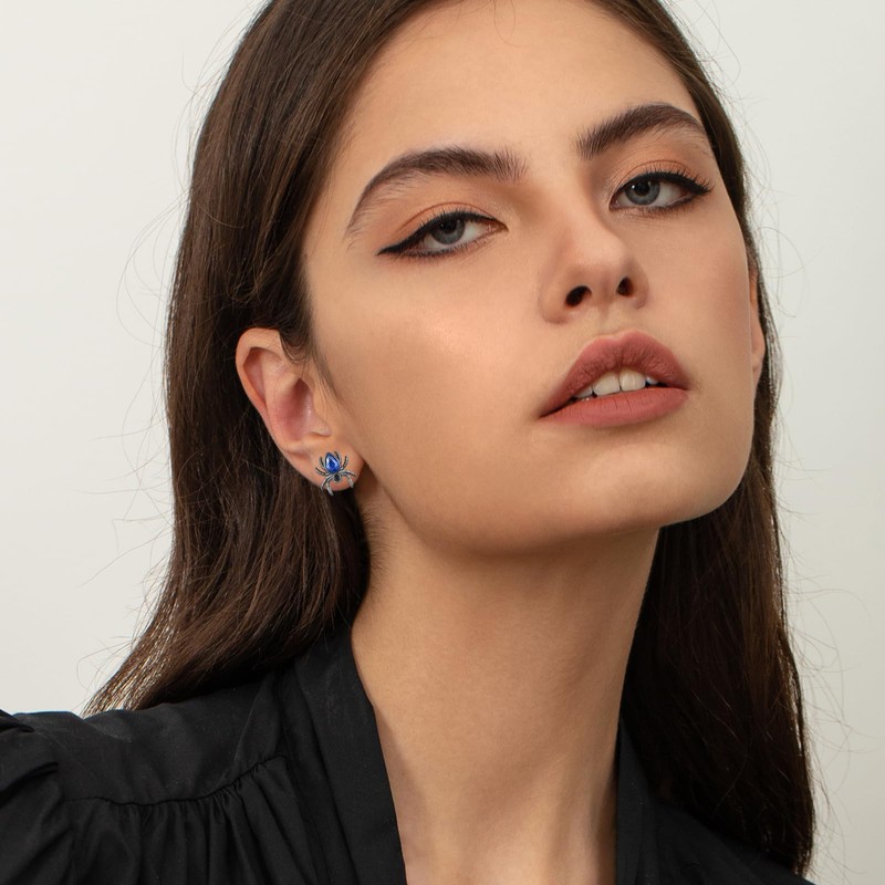 Gothic Spider Stud Earrings, 925 Sterling Silver Blue Zircon Stone