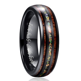 Nuncad Unisex Tungsten Ring with Opal and Koa Wood Mosaic Effect, Black, 8 mm, Tungsten Ring for Wedding, Engagement, Lifestyle and Fashion, Size 54 to 67 (14-27), Tungsten, 6 mm black + multi-coloured