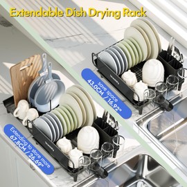 Urackify Dish Drying Rack, Expandable Dish Rack for Kitchen Countertop, Large Extendable Dish Drainer with Pan & Pot Holder, Foldable Multifunctional Dish Strainer with Cup & Utensil Holder, Black