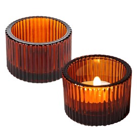 Clear Tealight Candle Holder Set of 2,Glass Votive Candle Holders, Decorative Round Ribbed Candle Holders for Home Decor (Brown)
