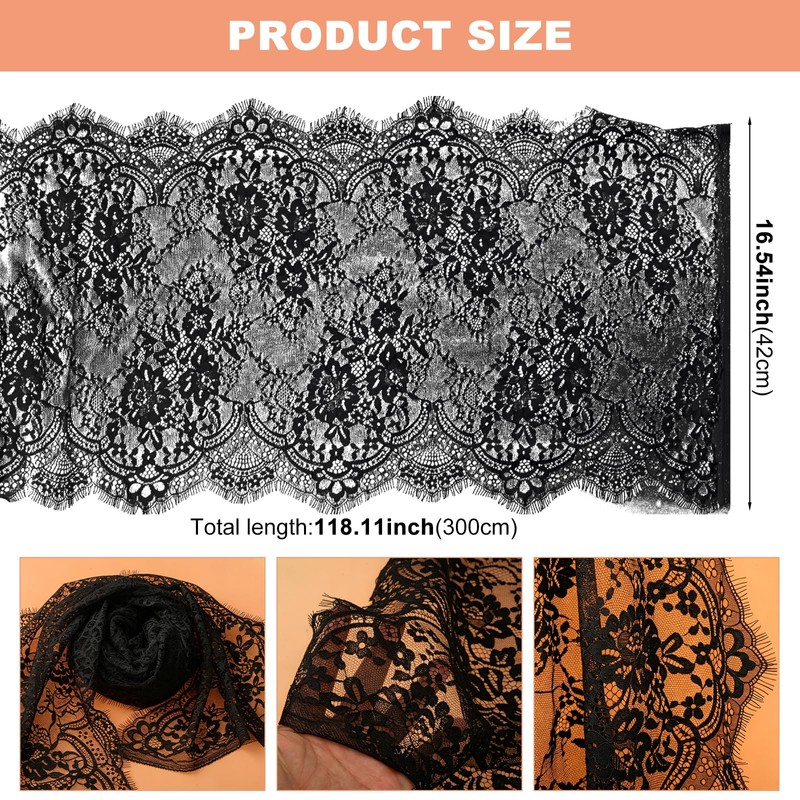 16.5" Wide 3.2 Yard Black Eyelash Lace Fabric,Floral Embroidery Trim
