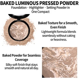 Baked Luminous Pressed Powder–Glow-Infused Foundation,Highlighter & Setting Powder in One–Color-Correcting,Oil-Control,Long-Lasting Coverage for All Skin Tones 05