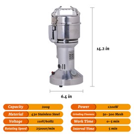 Hakka Grain Mills Grinder, 200g Electric Powder Mill Grinder Machine 1200W High Speed Grinder Stainless Steel Pulverizer Machine Commercial Herb Grinder for Grinding Dry Corn Coffee Bean Pepper