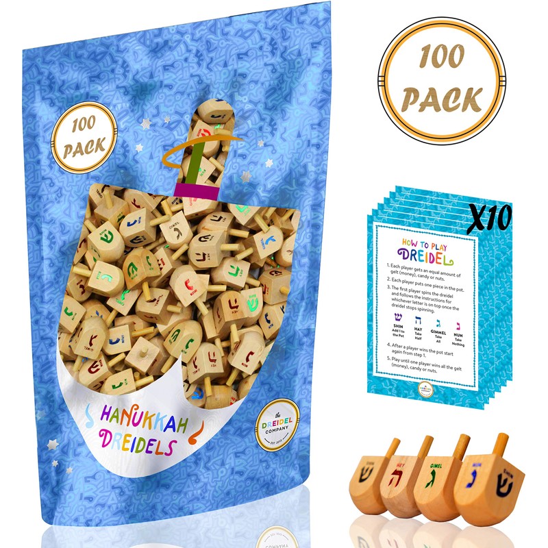 Natural Wood Dreidels Hanukkah Draydel with English Transliteration & Instruction
