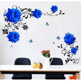 COVPAW Wall Sticker XXL Blue Roses Flowers Tendril Wall Sticker Mural Pictures Living Room Bedroom Decoration