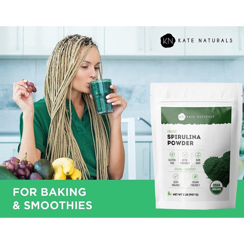 Kate Naturals Organic Spirulina Powder. Nutrient Dense Superfood for Smoothies