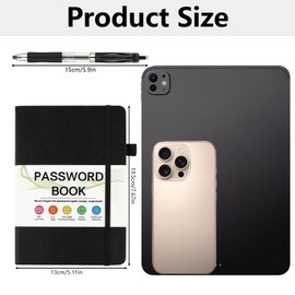 Password Book Alphabetical with Tabs, Small Address Books with Pen, Telephone Book Hardback, Alphabetical Notebook with Elastic Band, Phone Book Presents for Men Dad(13cm x 19.5cm, Black)