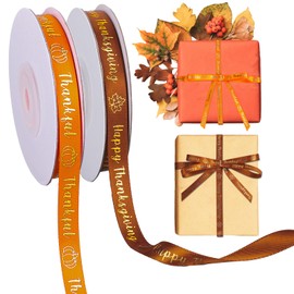 Whaline 2 Rolls Fall Ribbons 30 Yards Thanksgiving Pumpkin Maple Leaves Gold Satin Ribbon Orange Brown Fabric Craft Ribbon for Bouquet Gift Wrap Party Decor, 3/8"