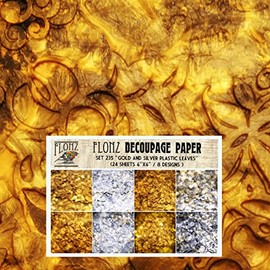 Decoupage Paper Pack (24 Sheets 6"x6") Gold and Silver Plastic Leaves in Glue # Vintage Styled Pattern Paper for Decoupage, Craft and Scrapbooking