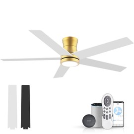 52" Smart Wood Low Profile Ceiling Fan with Lights Remote,Outdoor Indoor Flush Mount Ceiling Fans,Controll by Voice WIFI Alexa App,Quiet DC Motor,Modern Gold White Fan for Bedroom Living Room Patio
