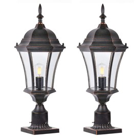 GOALPLUS Outdoor Post Light Fixture with Pier Mount for Yard 24" High 60W Post Lantern for Driveway Antique Bronze Post Lamp with Clear Seeded Glass, 2 Pack, LM4610-M-2P