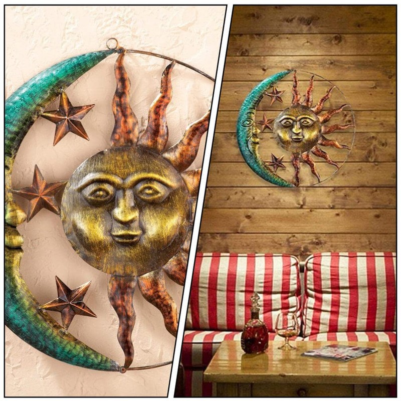 HOMSFOU Sun and Moon Metal Wall Decor 29cm Moon Sun