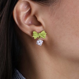 Erimberate Bohemian Pearl Bead Dangle Earrings Green Enamel Bow Tie Stud Earring Green Bow Pearls Drop Earring Minimalist Pearl Ball Dangle Earrings Jewelry for Women