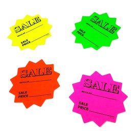 100 3" Sale Price Signs Fluorescent Neon Die Cut Solar Star Burst Retail Cards 25 Each Color, 1 Pack