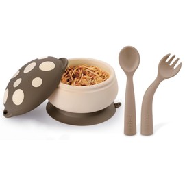 haakaa Baby Silicone Mushroom Bowl, Silicone Baby Feeding Bowl & Bendy Cutlery Set -Walnut…