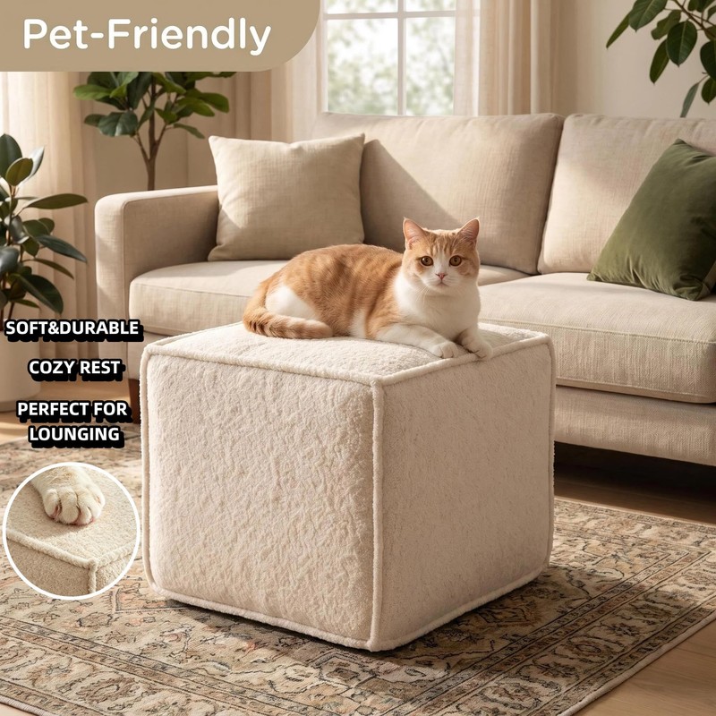 20.1" Pouf Boneless Boucle Ottoman, Upholstered Compressed Ottoman Foot Rest,