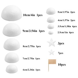 Crafjie Solar System Half Foam Ball Kit Includes 22PCS Mixed Sized White Polystyrene Half Spheres Balls, 10PCS Foam Star, 10PCS Toothpick Flag for DIY Projects and School Science Projects