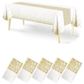 5 Pack Disposable Plastic Tablecloth,137x274cm Gold Stamping Dot Rectangular Table Cloth,Suitable for Patio Barbecues, Weddings, Parties, Holidays, Cafeterias. (White and Gold)