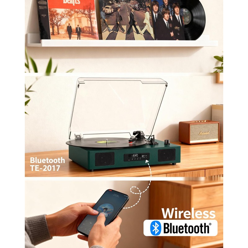 Vinyl Record Player with Built-in Speakers, USB Recording, Dark Green