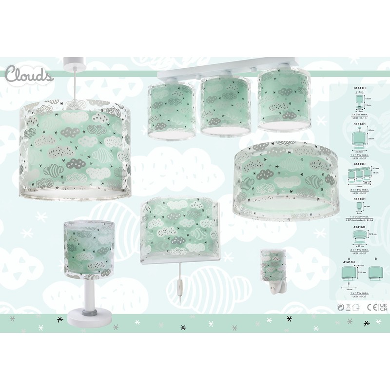 Dalber Children's Table Lamp Bedside Lamp Clouds Green 15 x