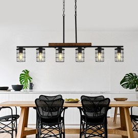 Dining Room Light Fixture/Chandelier Over Table, 47-Inch Hanging for Farmhouse Linear Chandeliers,6-Light Kitchen Island Lighting, Black Rustic Wooden Ceiling Chandelier,with Metal lampshade