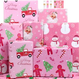 Girl Christmas Wrapping Paper Xmas Gift Wrap Paper for Little Girls Fairy Kids Girly Xmas Wrapping Paper with Pink White Winter Holiday Wrapping Paper Set Christmas Wrap Christmas Paper Gift Wrapper