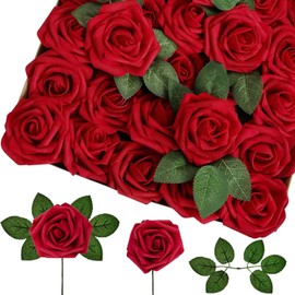 50 Rosas de Espuma, Flores Artificiales, con Tallos y Hojas, adecuadas para Ramos de Boda DIY, decoración del hogar, decoración de Navidad y San Valentín (Rojo)