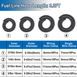 Tnisesm 4 Size Fuel Hose Line - 3/8" 5/16" 1/4" 3/16" ID Fuel Line Gas Tube Hose 3-Feet with 40Pcs Clamps for Small Engines Kawasaki EZGO Golf Cart Snowmobile Motorcycle ATV Tractor Lawn Mowers