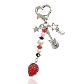 Meefisher Red Strawberry Star Guitar Y2K Aesthetic Accessories Gift Keychain Cute Love Heart Keyring for Women Bag Charms Pendant, Kawaii Jewelry Gifts